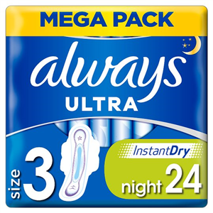 Always Ultra Night Time Size 3 Sanitary Towels With Wings 24 Pack