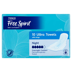 Tesco Free Spirit Ultra Night Time Sanitary Towels With Wings 10 Pack