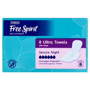 Tesco Free Spirit Secure Night Time Sanitary Towels With Wings 8 Pack