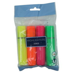 Tesco Rectangular Highlighters Assorted 4 Pack